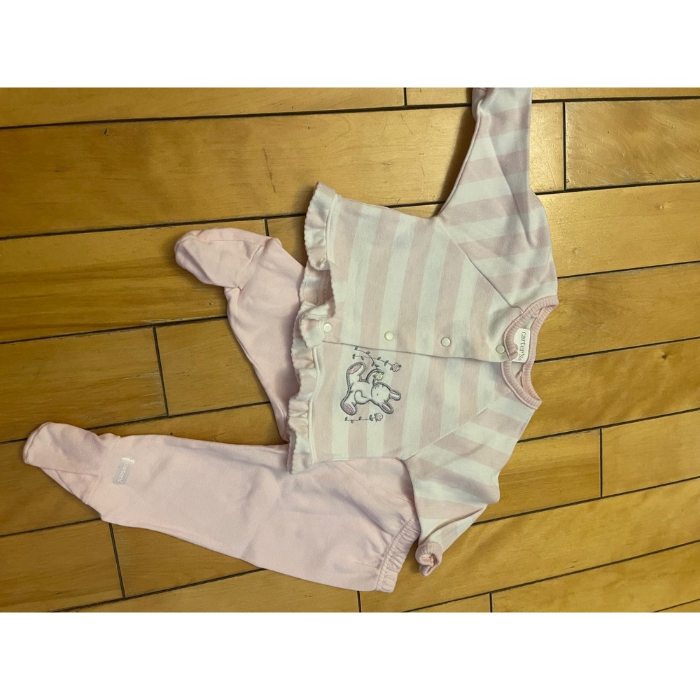 VTG Carters Baby Girl 3PC Set Sleep Gown Cardigan Footed Pants Pink Bunny 0-3M - Picture 2 of 9